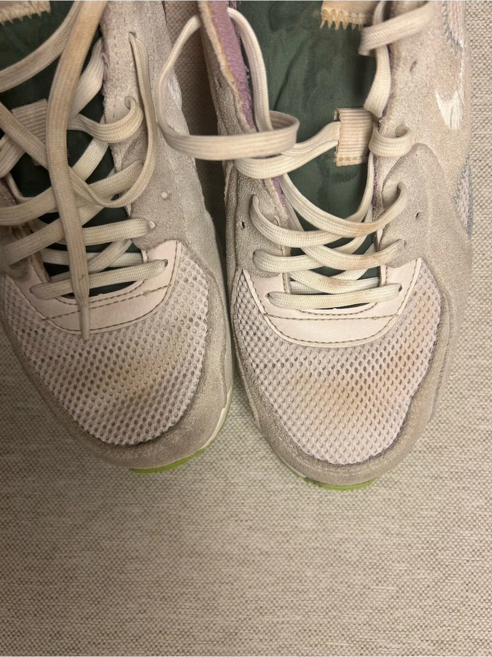 Nike Beige and Green Lace-Up Sneakers with Pink Lining